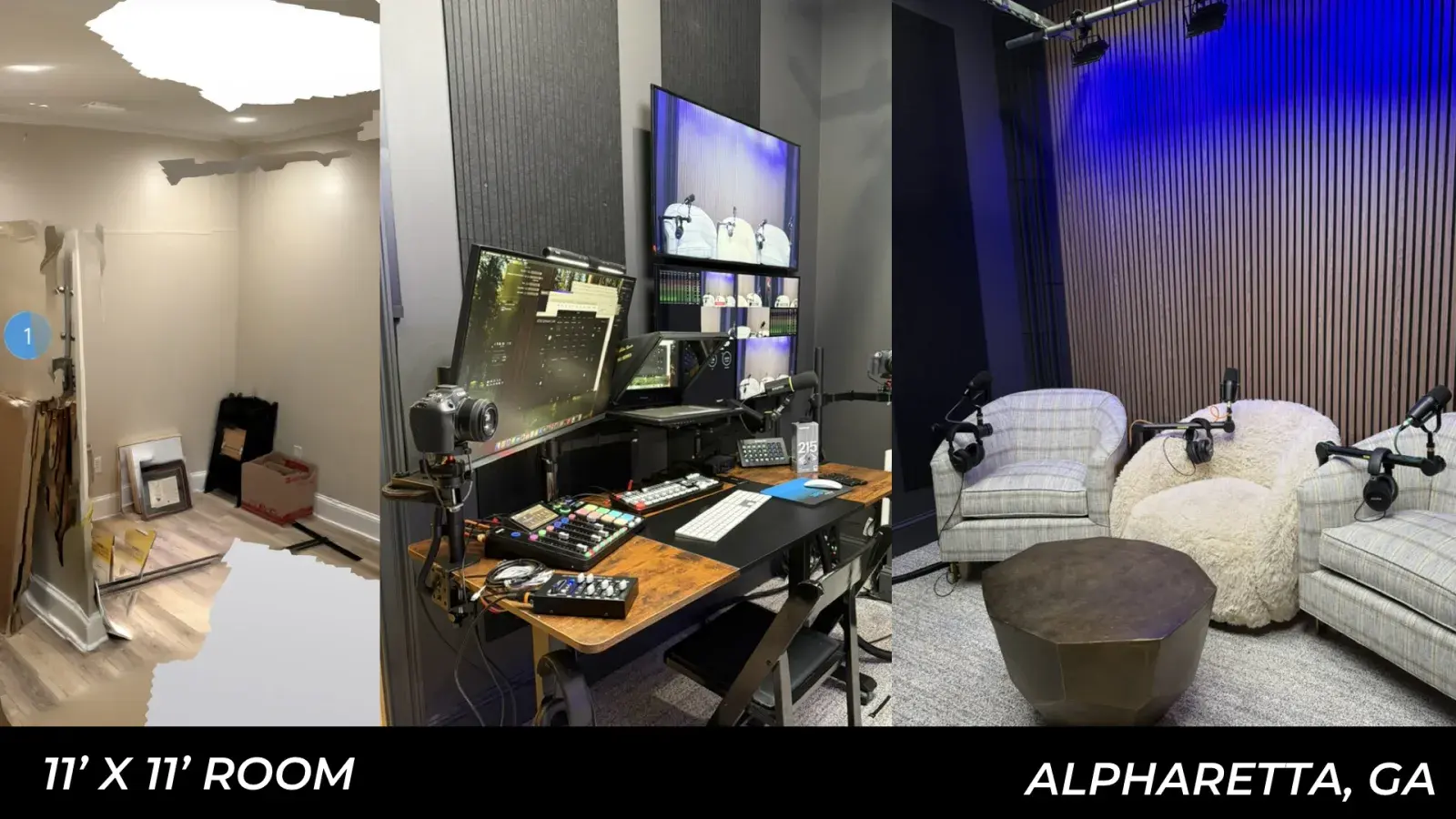 A finished broadcast podcast set built by Home Studio Mastery.